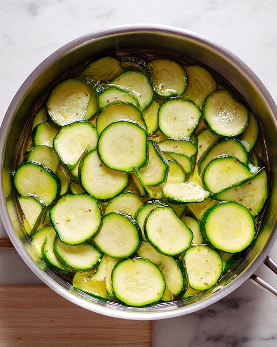 A close-up top view of a metal pan filled with thinly sliced green zucchini pieces, spread out evenly in a single layer. The zucchini slices have a fresh shine and are lightly floating in a clear oil. The pan is on a white marbled surface. Photo taken with an iphone --ar 4:5 --v 7