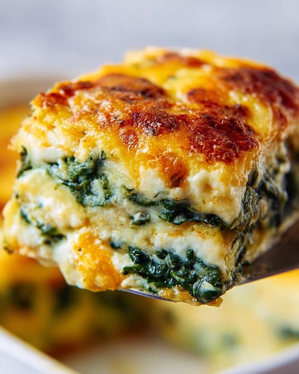 A close-up of a layered slice lifted by a spatula, showing a golden yellow top layer with a slightly browned, baked texture; below that, a creamy white layer; then a green layer of cooked spinach with visible leafy texture; followed by another golden layer combined with creamy white melting cheese layered evenly. The background is softly blurred with a white marbled surface barely visible. The slice is rich and moist with a baked look. photo taken with an iphone --ar 4:5 --v 7