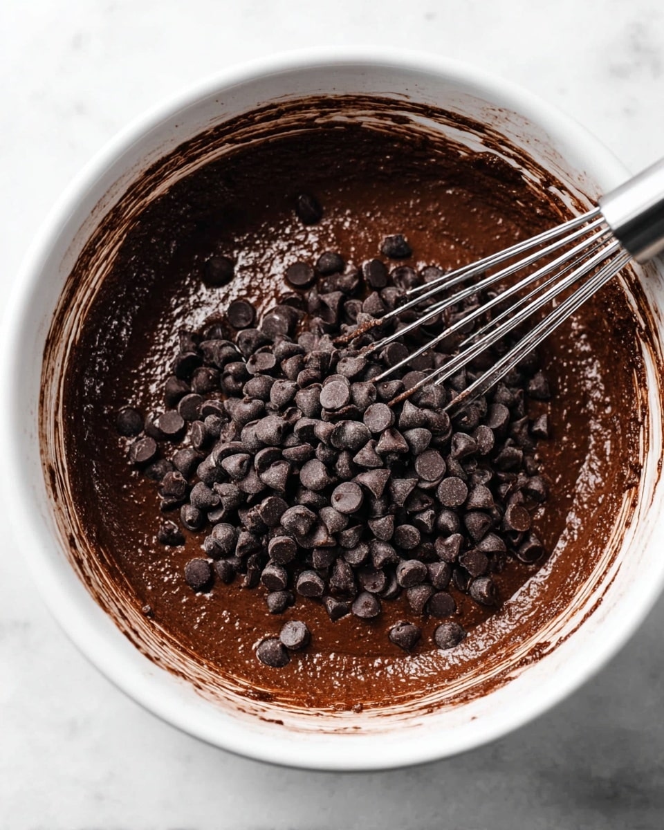 A white bowl sits on a white marbled surface filled with dark brown thick chocolate batter. On top of the batter, there is a pile of dark chocolate chips scattered mostly in the center. A metal whisk is partially submerged in the batter on the left side of the bowl. The inside walls of the bowl have streaks of the chocolate batter, giving a textured look. photo taken with an iphone --ar 4:5 --v 7