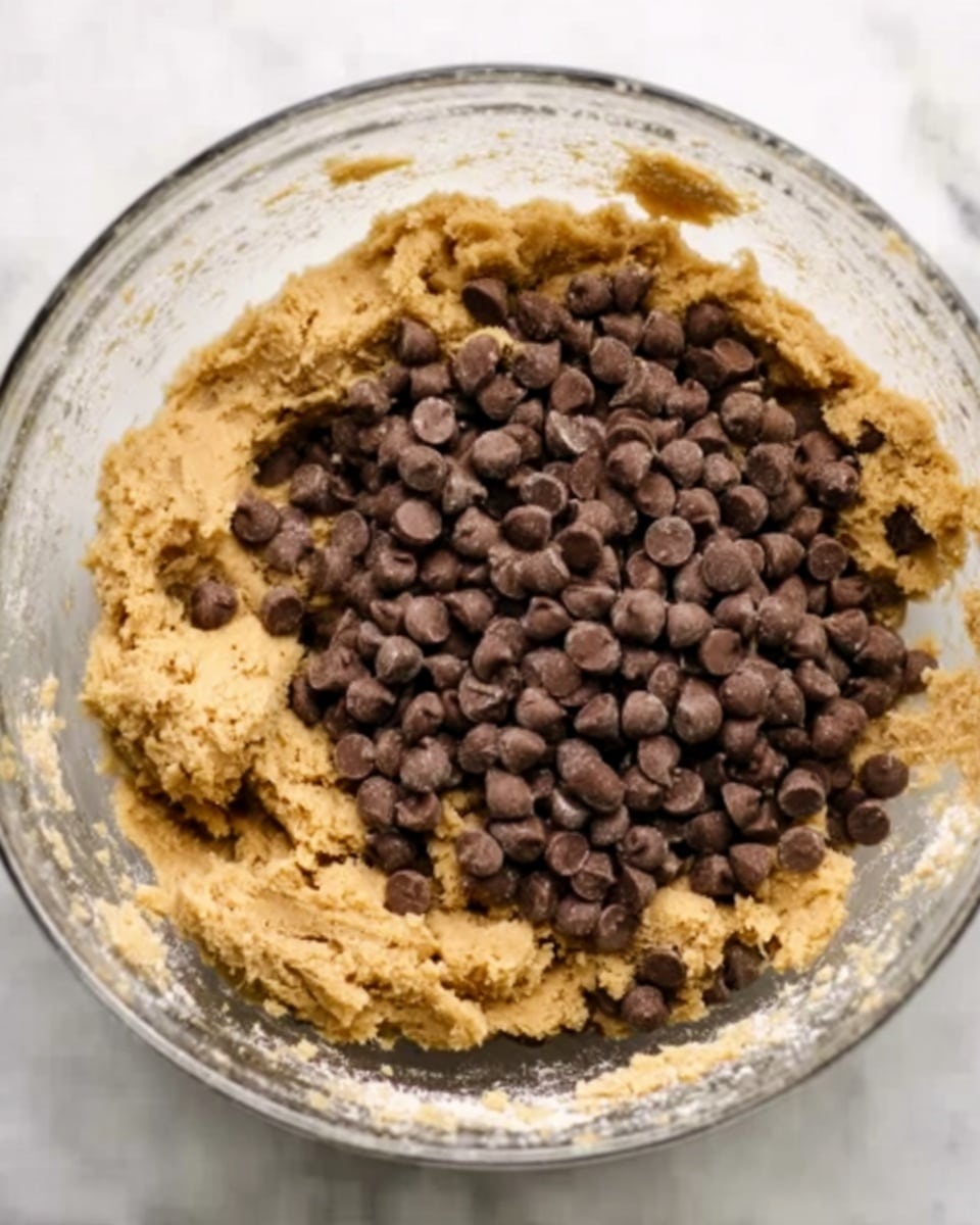 A close-up view of a clear glass mixing bowl filled with a thick, light brown cookie dough. On top of the dough, there is a large pile of small, dark brown chocolate chips scattered unevenly across the surface. The bowl is resting on a white marbled surface, showing some flour dust around the edges inside the bowl. The texture of the dough appears soft and slightly crumbly. The photo taken with an iphone --ar 4:5 --v 7
