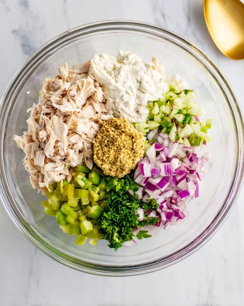 A clear glass bowl holds seven distinct layers of ingredients arranged in sections. Starting at the top left and moving clockwise, there is light beige shredded chicken with a soft texture, smooth off-white mayonnaise, creamy white sour cream, small diced pale green pickles, finely chopped bright green parsley, small purple and white diced red onion, vibrant light green sliced celery, and a small pile of black ground pepper next to a muffin of grainy yellow mustard in the center. The bowl sits on a white marbled surface with a golden spoon just visible at the top right corner. Photo taken with an iphone --ar 4:5 --v 7
