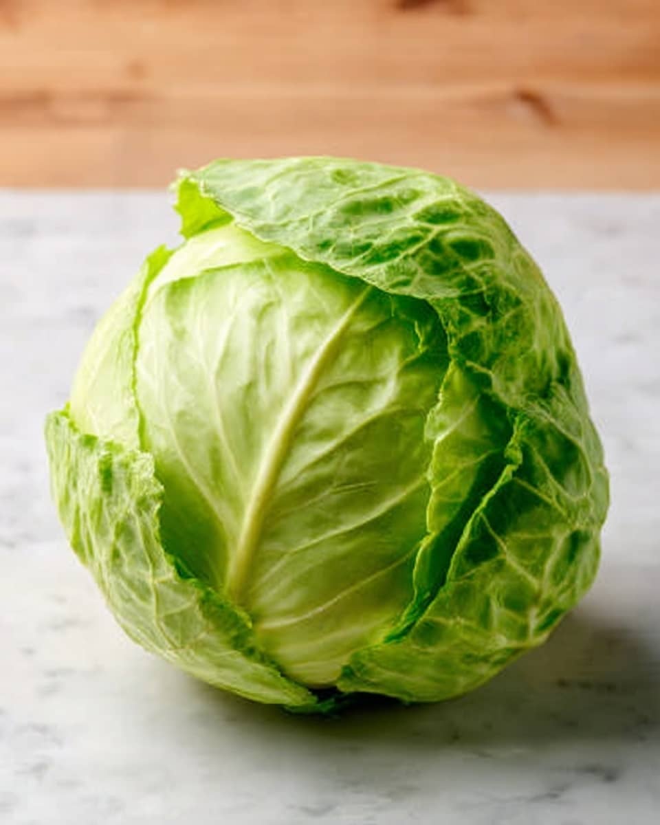 A whole fresh green cabbage is placed on a white marbled surface. The cabbage has multiple layers of pale green, smooth outer leaves that slightly curl at the edges, with tighter, more compact layers visible near the center. The texture of the leaves is crisp and firm, with small veins running across them. The lighting is natural and soft, highlighting the cabbage’s round shape and gentle color gradients. Photo taken with an iphone --ar 4:5 --v 7