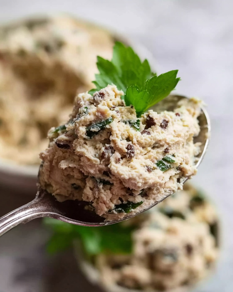 A close-up image shows a silver spoon filled with a creamy light beige mixture that has small pieces of darker bits mixed in. On top of the mixture, there is a bright green herb leaf adding a fresh touch. The background shows more of the same mixture, slightly blurred, resting on a white marbled surface. The texture of the mixture appears soft and smooth with small chunks visible. photo taken with an iphone --ar 4:5 --v 7