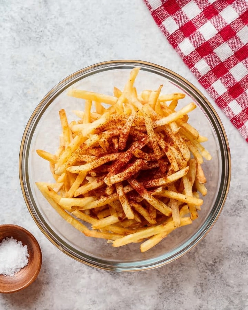A clear glass bowl filled with a single layer of thin, golden French fries, sprinkled on top with a reddish-brown spice powder, all placed on a white marbled surface. Near the bowl, there is a small wooden bowl with white salt inside and a red and white checkered cloth at the upper right corner. Photo taken with an iphone --ar 4:5 --v 7