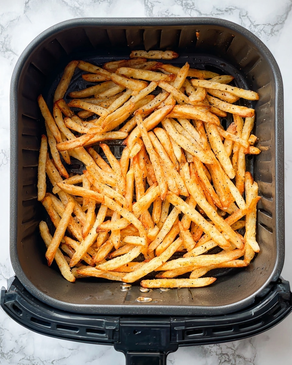 Inside a dark gray air fryer basket placed on a white marbled surface, there is one layer of cooked French fries. The fries are thin and long, with a golden brown color and some darker spots showing crispiness. The fries are spread out unevenly across the basket’s bottom, some lying flat, others slightly overlapping. The texture looks crunchy on the outside with small black pepper seasoning visible. Photo taken with an iphone --ar 4:5 --v 7