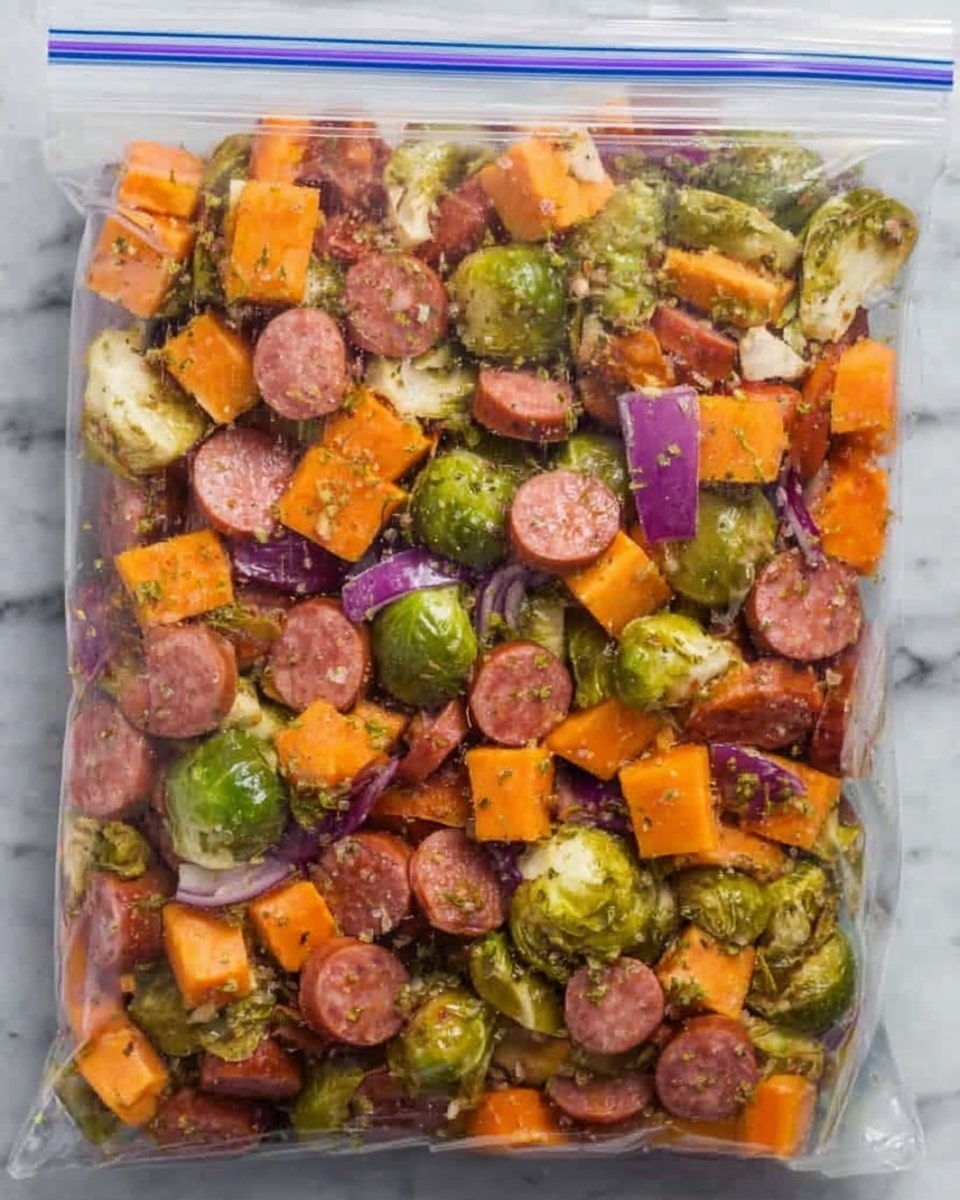 The image shows a clear plastic zipper bag filled with a mix of sliced cooked sausage, small round chopped orange sweet potatoes, cut Brussels sprouts, and sliced purple onions, all mixed together with herbs and light seasoning. The pieces are evenly spread inside the bag, showing a colorful combination of orange, green, purple, and brown textures against a white marbled surface background. Photo taken with an iphone --ar 4:5 --v 7
