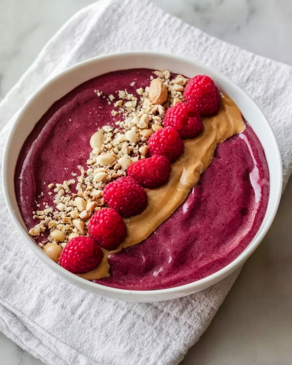 The image shows a white bowl filled with a thick, smooth dark pink smoothie base. On top, there is a row of fresh red raspberries on the left side, a stripe of light brown creamy nut butter in the middle, and a line of light beige crushed nuts and seeds sprinkled along the nut butter. The bowl sits on a white cloth napkin, all placed on a white marbled surface. photo taken with an iphone --ar 4:5 --v 7