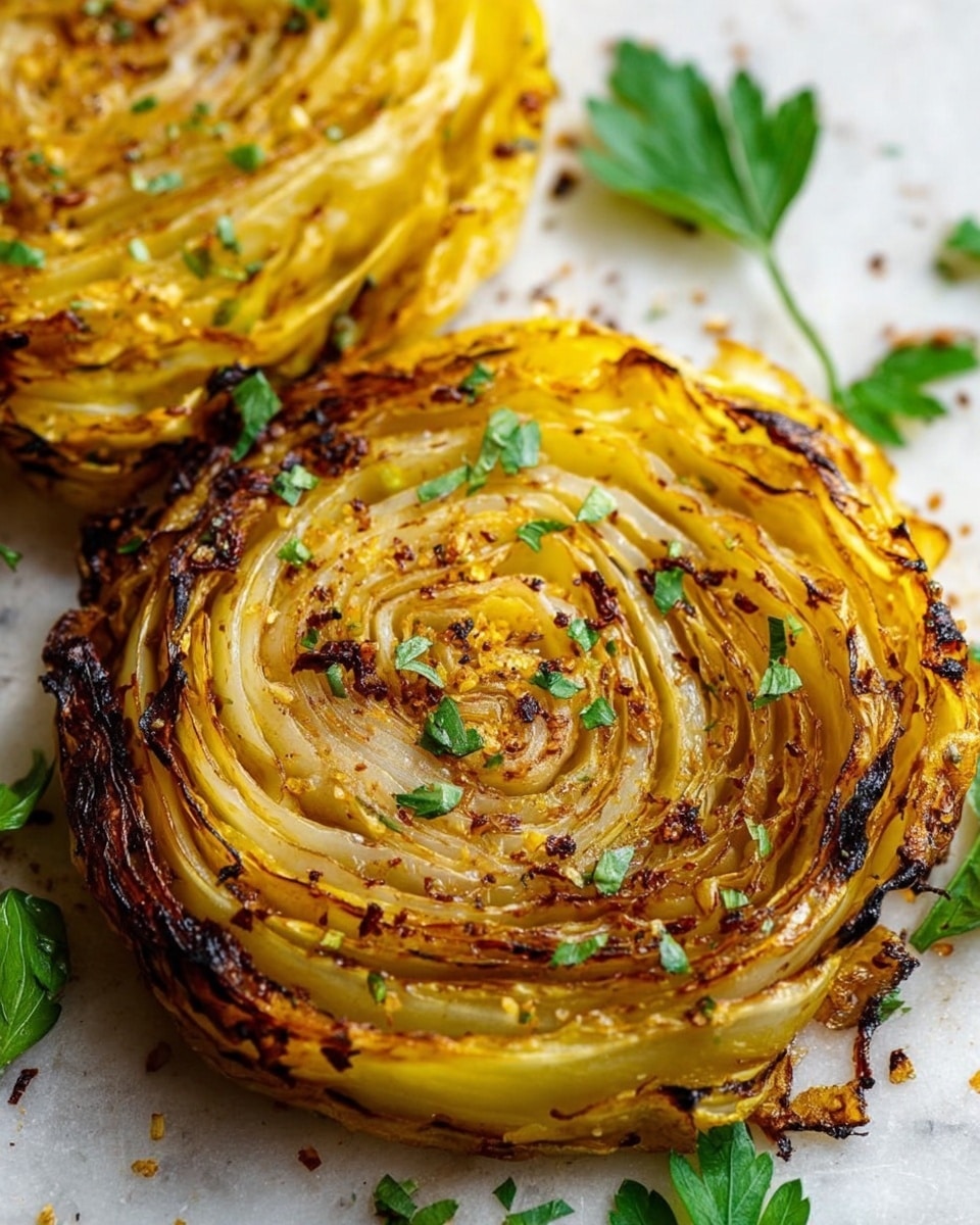 The image shows two round, layered slices of roasted cabbage with a golden-brown color and slight charring on the edges and surface. The cabbage leaves are tightly packed, forming many thin, visible layers from the center to the outer edges. Small green herbs and spices are sprinkled on top, giving a fresh look with some bright green parsley leaves placed around the cabbage slices on a white marbled surface. The texture looks soft with crispy parts on the outer leaves, creating a mix of light and dark yellow tones with hints of green from the herbs. Photo taken with an iphone --ar 4:5 --v 7