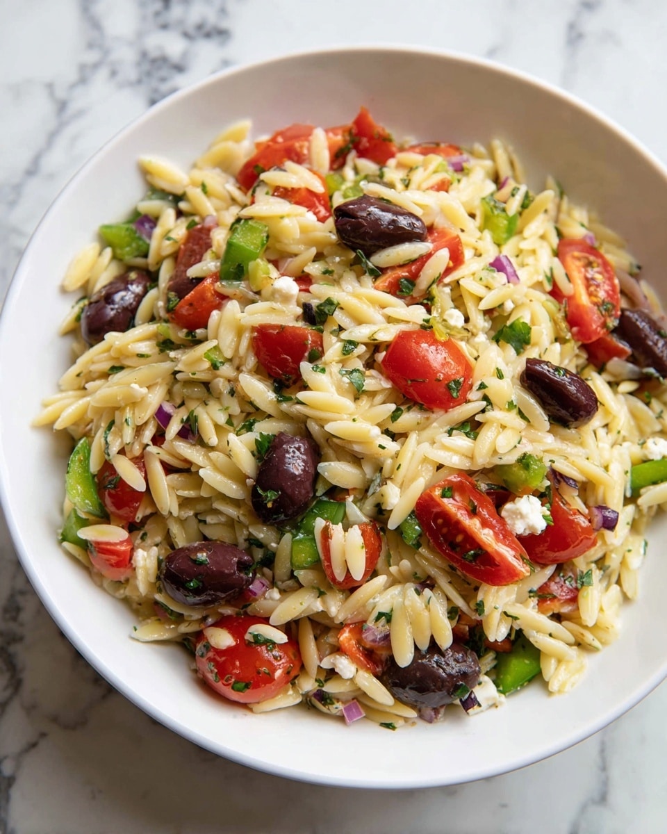 A close-up of a white bowl full of a three-layer salad: the first layer is small, light yellow orzo pasta with a smooth, plump texture; the second layer has bright red halved cherry tomatoes scattered throughout; the third layer shows chopped green cucumbers and green bell peppers adding fresh color and a slightly bumpy texture, with dark purple black olives and small cubes of white feta cheese mixed evenly. The salad is sprinkled with finely chopped green herbs and a light dressing that makes everything shine. On the right side, two wooden salad spoons are partly visible, used for mixing the salad on a white marbled surface. Photo taken with an iphone --ar 4:5 --v 7