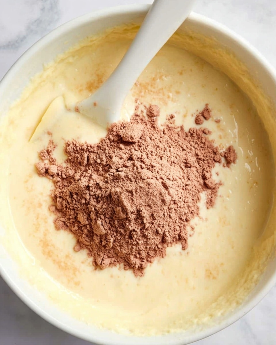 A white bowl on a white marbled surface holds a creamy pale yellow batter as the base layer, smooth and slightly thick in texture. On top at the center of the batter is a mound of light brown cocoa powder with a dry, powdery texture. A white spatula with its edge partially submerged in the batter is stirring near the left side. Photo taken with an iphone --ar 4:5 --v 7