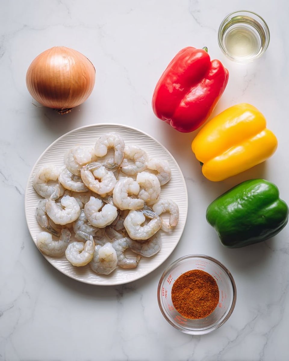The image shows a white round plate filled with peeled raw shrimp arranged in a loose circular pattern. Around the plate, there are three bell peppers placed close together on the white marbled surface: one yellow, one red, and one green. To the left of the bell peppers is a whole brown onion. Below the plate of shrimp, there is a small clear glass bowl filled with reddish-brown seasoning powder, and next to it, a small clear measuring cup containing a transparent liquid. The arrangement and colors of the ingredients create a clean, fresh look. photo taken with an iphone --ar 4:5 --v 7