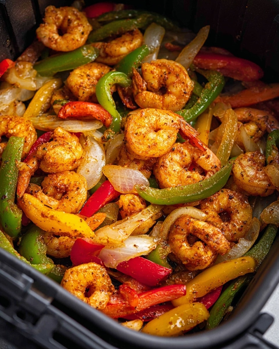 The image shows a close-up view of an air fryer basket filled with cooked shrimp and mixed bell peppers. The shrimp are orange with a slightly spicy coating, scattered evenly on top and throughout the dish. The peppers come in three colors—red, green, and yellow—cut into long strips with a soft and slightly caramelized texture, mixed with light-colored onion slices. The peppers and onions are layered under and around the shrimp, creating a colorful mix of red, green, yellow, and orange in a black air fryer basket. photo taken with an iphone --ar 4:5 --v 7