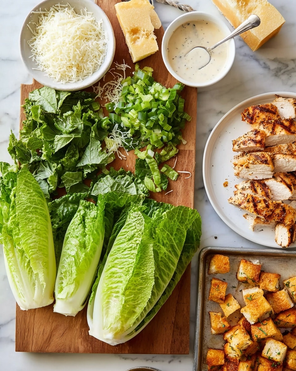 A wooden cutting board placed on a white marbled surface holds fresh green romaine lettuce, with two whole leaves at the bottom and chopped lettuce in the center. To the top left of the board is a small white bowl filled with finely shredded white cheese, next to a small square piece of golden bread. Above the board, a white bowl with creamy dressing and a silver spoon rests on the white marbled surface. To the right, a white plate holds four pieces of grilled chicken with visible grill marks and seasoning. Below the plate, a metal tray with golden brown toasted bread cubes, some with herbs, is set on the white marbled surface. photo taken with an iphone --ar 4:5 --v 7