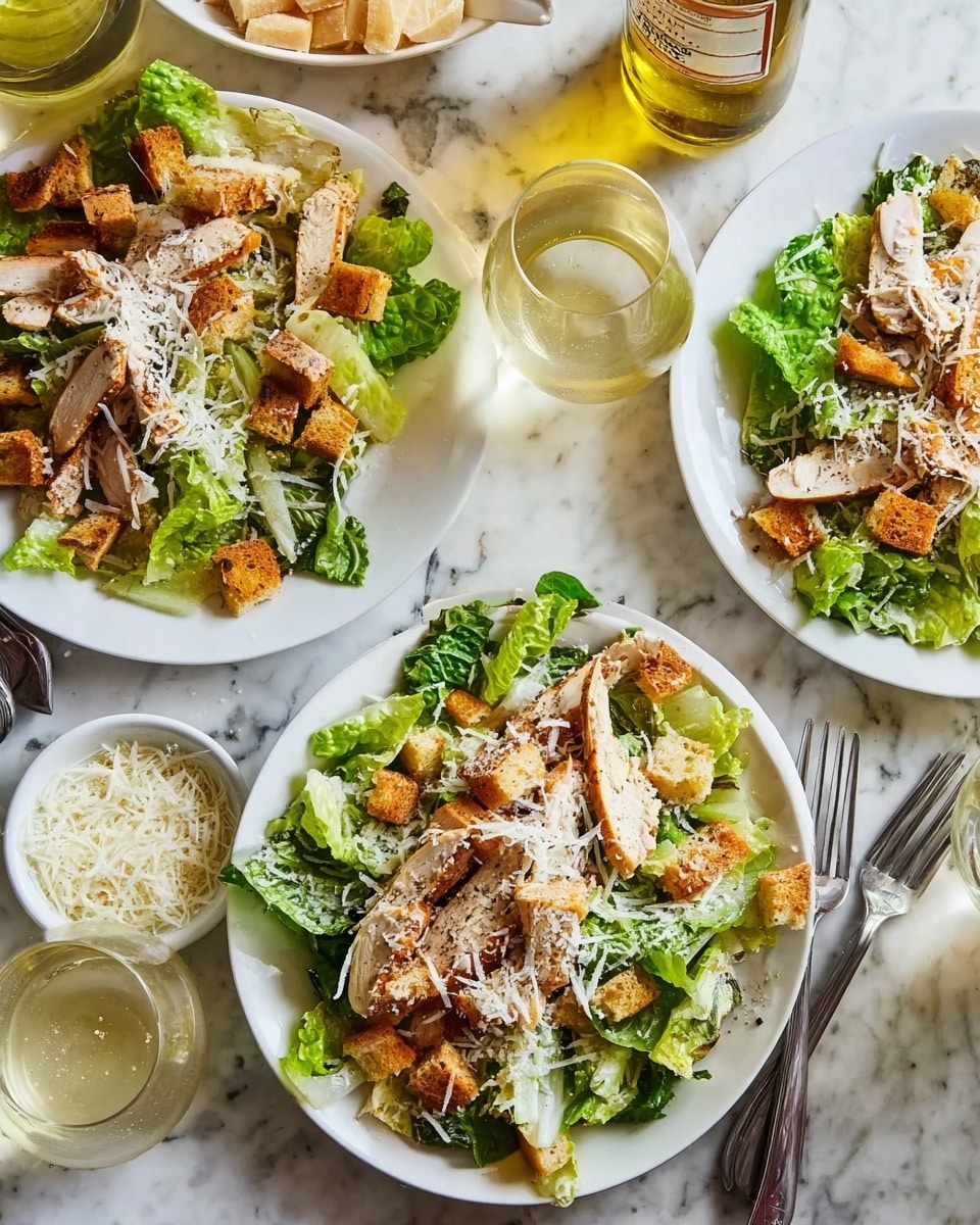 Three white plates sit on a table with a white marbled texture, each filled with a fresh salad that has three main layers. The base layer is bright green romaine lettuce leaves that look crisp and fresh. On top of this is a layer of golden-brown, toasted croutons scattered evenly. The top layer consists of sliced, grilled chicken pieces with a light brown, slightly charred texture. There is a sprinkling of shredded white cheese over each salad. Around the plates, there are utensils, glasses of light yellow drinks, a small white bowl filled with more shredded cheese, and a bottle of olive oil being poured. The photo taken with an iphone --ar 4:5 --v 7