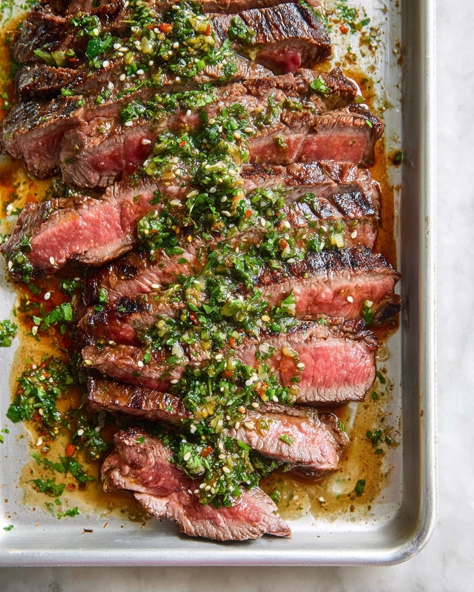 A rectangular metal pan holds a large grilled steak, partially sliced into five pieces showing a pink center with a brown crust. The entire steak is topped with a bright green herb sauce with visible flakes of herbs and garlic. Around the pan on a white marbled surface, there are lime wedges on the left, a bunch of fresh cilantro on the right and bottom left, a small bowl of guacamole at the top, a small bowl of diced tomato salsa at top left, and a few white tortillas at the bottom right. The scene is bright and clean, with all colors standing out clearly. photo taken with an iphone --ar 4:5 --v 7