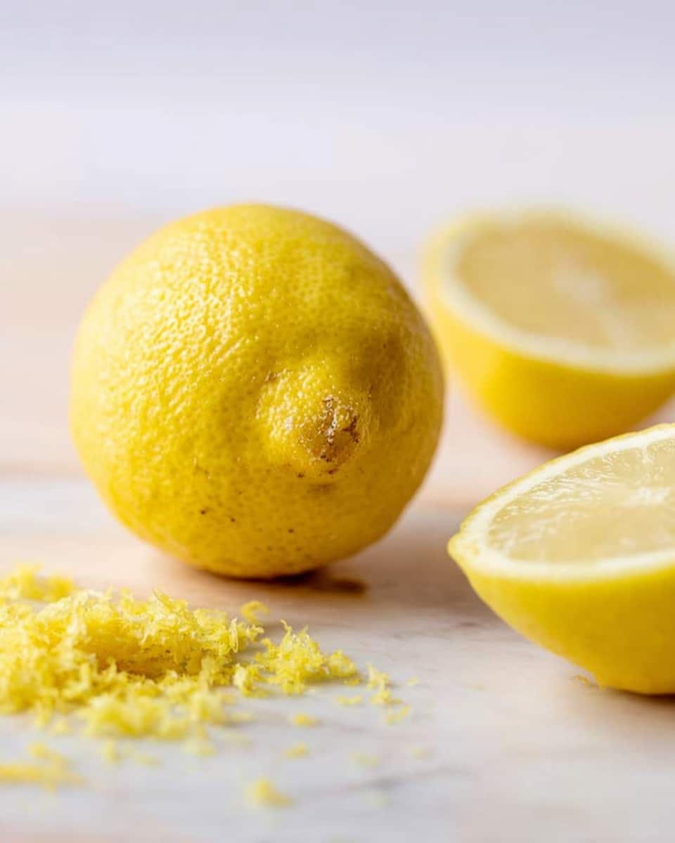 The image shows a fresh whole lemon with a bright yellow color and slightly rough texture placed in the center on a white marbled surface. To the right, there is a lemon half revealing the juicy inside with a light yellow shade and soft texture. On the left side of the lemon, there are small piles of yellow lemon zest scattered loosely, showing a fine and fluffy texture. The background is softly blurred with light tones keeping the focus on the lemons. Photo taken with an iphone --ar 4:5 --v 7