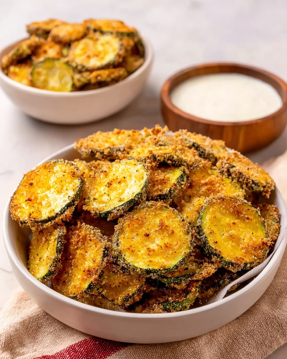 The image shows a close-up of several golden brown crispy zucchini slices stacked loosely on a white plate, each slice covered with a crunchy, toasted breadcrumb and grated cheese coating with hints of green from zucchini skin around the edges. Two small white bowls filled with rich red dipping sauce sit on the right side of the plate. The plate is placed on a white marbled surface, and the overall lighting is bright and natural, highlighting the texture of the crispy coating and zucchini photo taken with an iphone --ar 4:5 --v 7