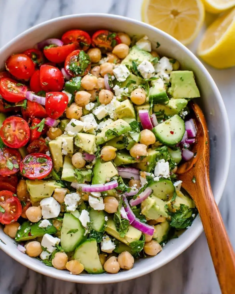 Chickpea Salad with Cherry Tomatoes, Cucumber, Avocado, and Feta Recipe