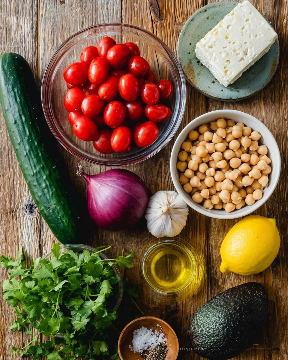 The image shows fresh ingredients arranged on a wooden surface: a clear glass bowl filled with bright red cherry tomatoes, a deep purple onion, a long dark green cucumber, a block of white cheese in a white bowl, a pile of green cilantro leaves, a white bowl full of beige chickpeas, a dark green avocado, a yellow lemon, a whole garlic clove, a small wooden bowl with salt and black pepper, and a small glass cup of golden oil. Photo taken with an iphone --ar 4:5 --v 7