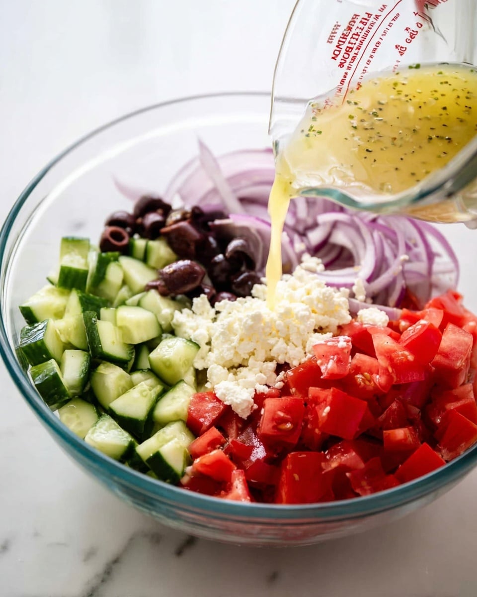 A clear glass bowl filled with several layers of fresh chopped vegetables and cheese is shown on a white marbled surface. The bottom layer shows white crumbled cheese evenly spread. Above that, there is a layer of dark purple sliced olives on the left side, next to thinly sliced light purple onions. On the right side, there are thick slices of bright green cucumbers, and next to them, diced red tomatoes fill the rest of the bowl. A woman's hand is pouring a light yellow dressing with specks from a clear glass measuring cup over the tomatoes. The image has a bright, fresh, and clean look, capturing the colors and textures vividly. Photo taken with an iphone --ar 4:5 --v 7
