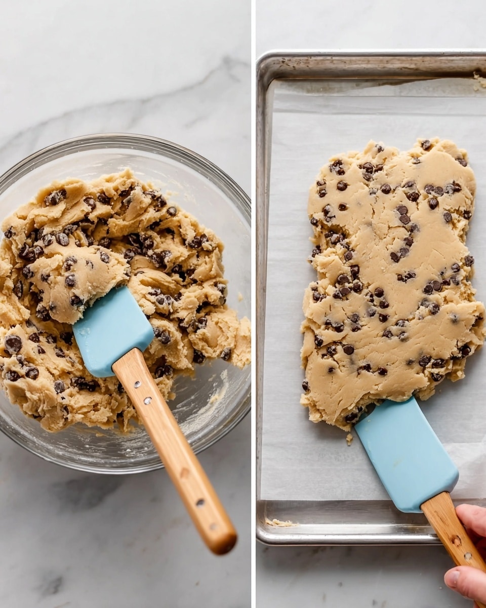 The image shows two parts: on the left side, there is a clear glass bowl filled with light beige cookie dough mixed with many small dark brown chocolate chips, and a light blue spatula with a wooden handle is partially inside the bowl, touching the dough. On the right side, the same dough is spread unevenly on a white parchment paper that covers a silver baking tray. A woman's hand holding the same light blue spatula with a wooden handle is seen pressing or spreading the dough on the parchment. The background is a white marbled texture. photo taken with an iphone --ar 4:5 --v 7