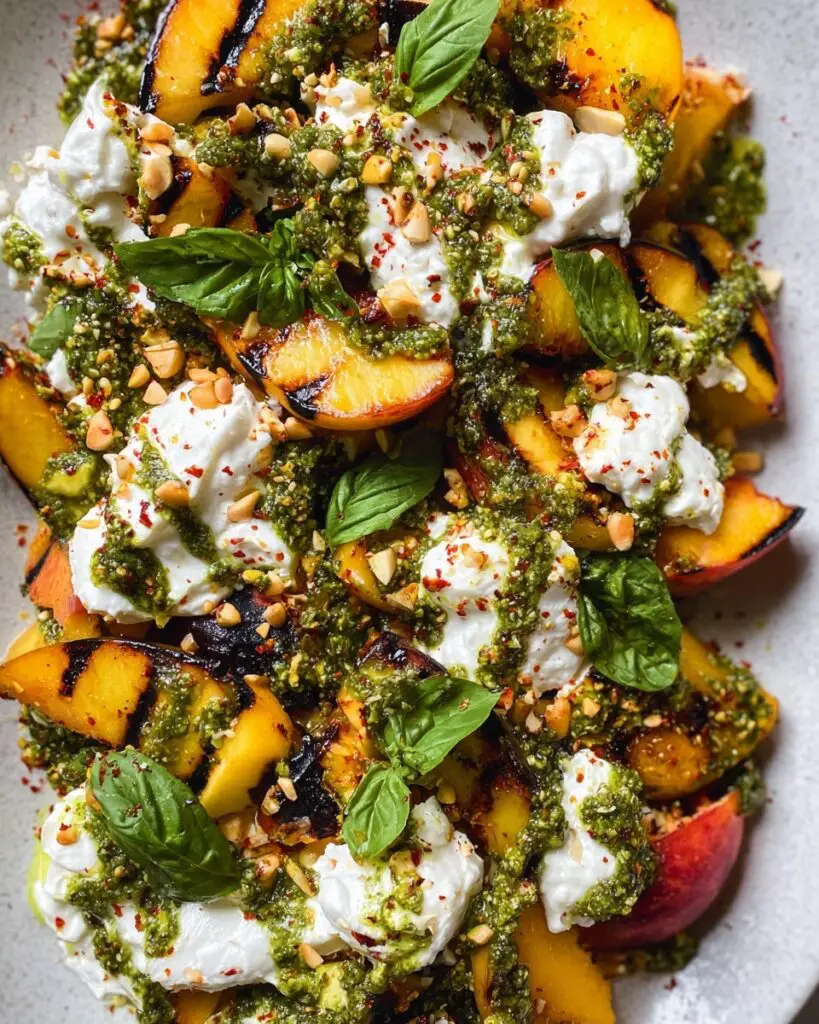 Grilled Peach Salad with Burrata, Basil Pesto Croutons, and Toasted Pine Nuts Recipe