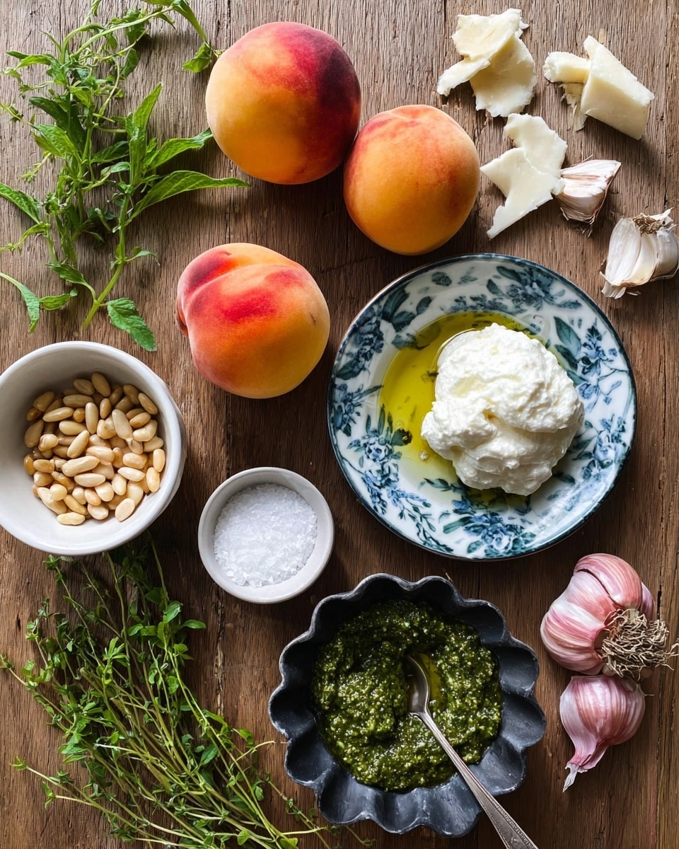 The image shows a wooden surface with fresh ingredients neatly arranged: three ripe peaches with a smooth orange and red skin are near the center. Around them are green herbs with thin leaves, some torn soft white cheese pieces, and a whole garlic bulb with a clove next to it. There is a small white bowl filled with pine nuts at the bottom left and a larger white bowl containing a mound of soft white cheese topped with green herb leaves at the bottom right. A dark scalloped bowl holds golden olive oil with herbs floating inside and a silver spoon. Beside it is a blue and white bowl filled with a thick green pesto sauce with texture. A small dish in the middle contains coarse salt crystals. Two small shallots with a pinkish skin rest in the top right corner. The whole setting is on a wooden table, photo taken with an iphone --ar 4:5 --v 7