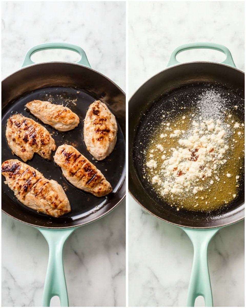 Two images of a light green cast iron pan on a white marbled surface are shown side by side. The left image shows four cooked light brown chicken pieces with some darker brown grill marks sitting in the pan. The right image shows melted butter and some white powder sprinkled in the same pan with a slightly oily texture on the black surface. photo taken with an iphone --ar 4:5 --v 7