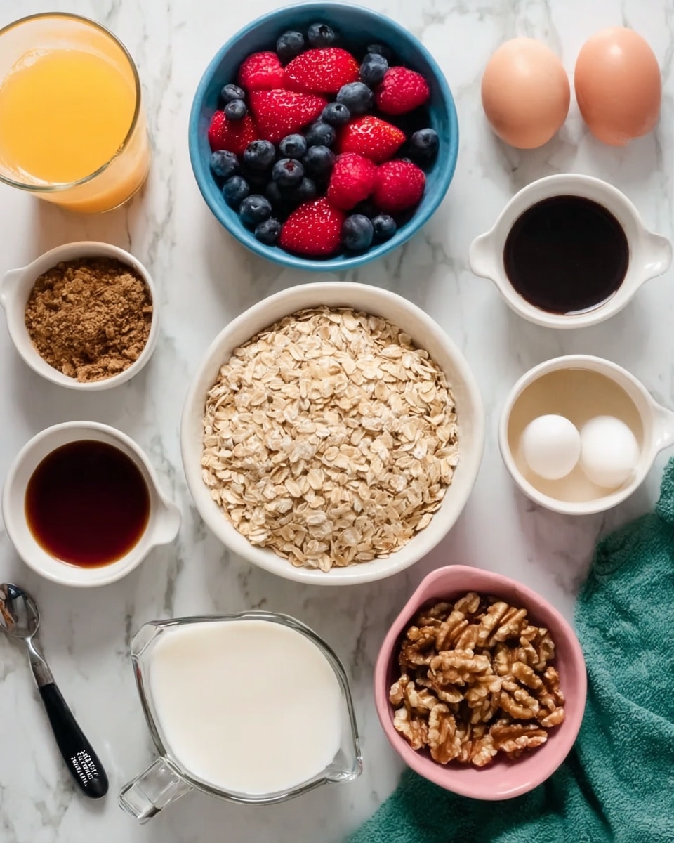 The image shows a white bowl filled with light brown oats placed in the center on a white marbled surface. Surrounding it are several small white bowls and containers: one blue bowl on the top left filled with fresh strawberries, blueberries, and raspberries, a small white bowl with dark brown powder to the top right, a small white bowl with thick dark syrup below it, and a small white bowl with vanilla extract to the right of the syrup. Below the oats, a white measuring cup contains thick white milk, and next to it is a smaller pink bowl with brown shelled walnuts. To the right of the oats are two white eggs resting on a green cloth, and a black and silver spoon with a beige creamy substance on it. A woman's hand is partly visible near the green cloth. A glass of orange juice is placed to the left of the oats. photo taken with an iphone --ar 4:5 --v 7