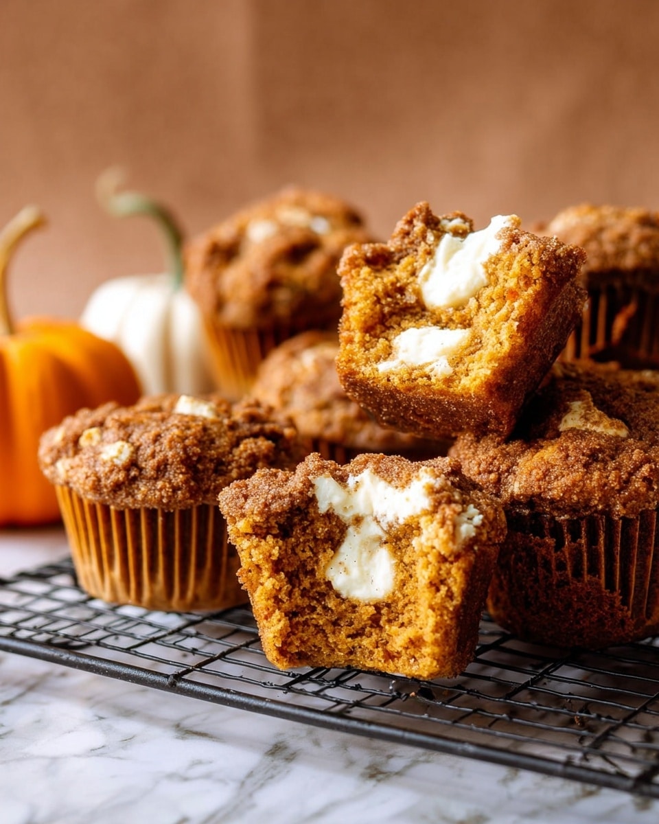 The image shows several pumpkin muffins with a rough crumbly orange-brown top layer sprinkled with coarse sugar crystals. Each muffin has a creamy white frosting dollop in the center, which is smooth and slightly shiny, contrasting with the textured muffin. One muffin is broken in half, revealing an orange-brown moist inside and a thick layer of the creamy white frosting in the middle. The muffins are on a black cooling rack, placed on a white marbled textured surface with a small white pumpkin next to them. photo taken with an iphone --ar 4:5 --v 7