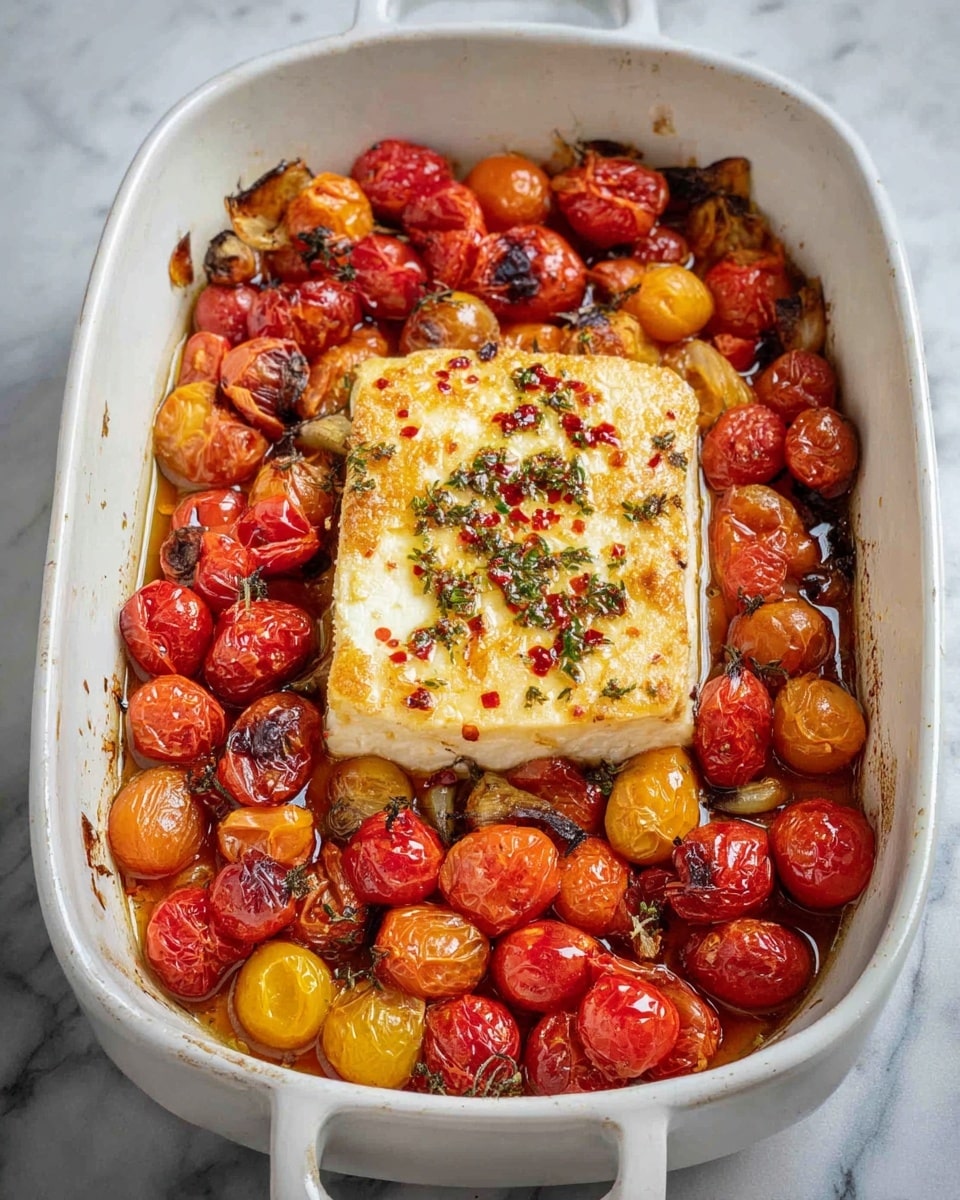 A white baking dish filled with one large, lightly browned block of baked cheese in the center, surrounded by two layers of cherry tomatoes in red, orange, and yellow hues. The tomatoes have a roasted texture with some charred spots and are slightly shriveled, showing juicy softness. The cheese block has a smooth, slightly golden crust with visible red chili flakes and oil glistening on its surface. There are also bits of roasted garlic cloves scattered beneath the tomatoes, adding rustic charm. The dish is placed on a white marbled surface. photo taken with an iphone --ar 4:5 --v 7
