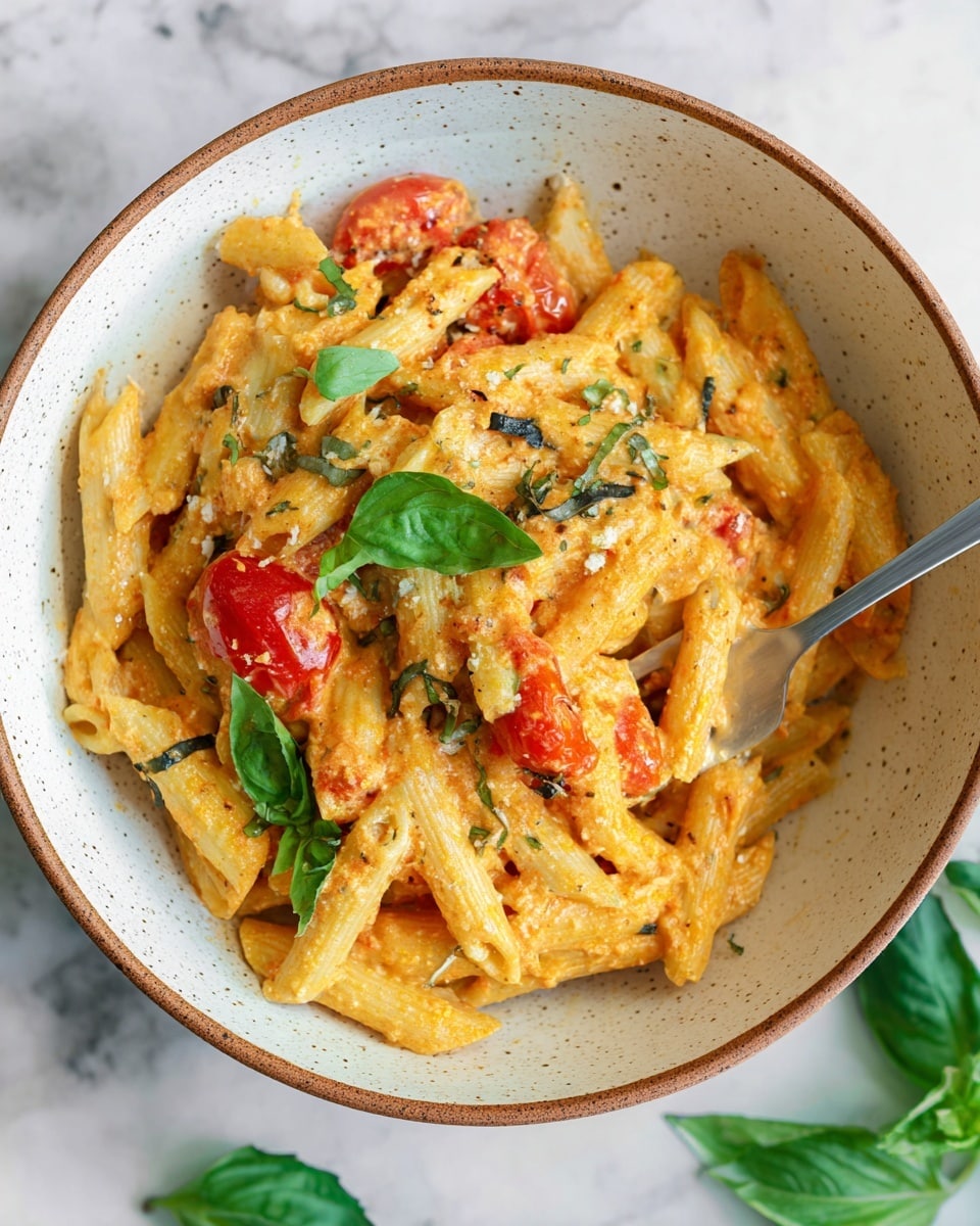A close-up of baked pasta in a white dish showing about three layers: the bottom layer is tubular pasta in a light creamy sauce, the middle layer has blistered red and yellow cherry tomatoes with some risen roasted texture, and the top layer has dollops of soft white cheese scattered unevenly with small green herb pieces sprinkled all over. A wooden spoon is partially visible on the left side, slightly buried in the pasta. The dish is placed on a white marbled surface. photo taken with an iphone --ar 4:5 --v 7