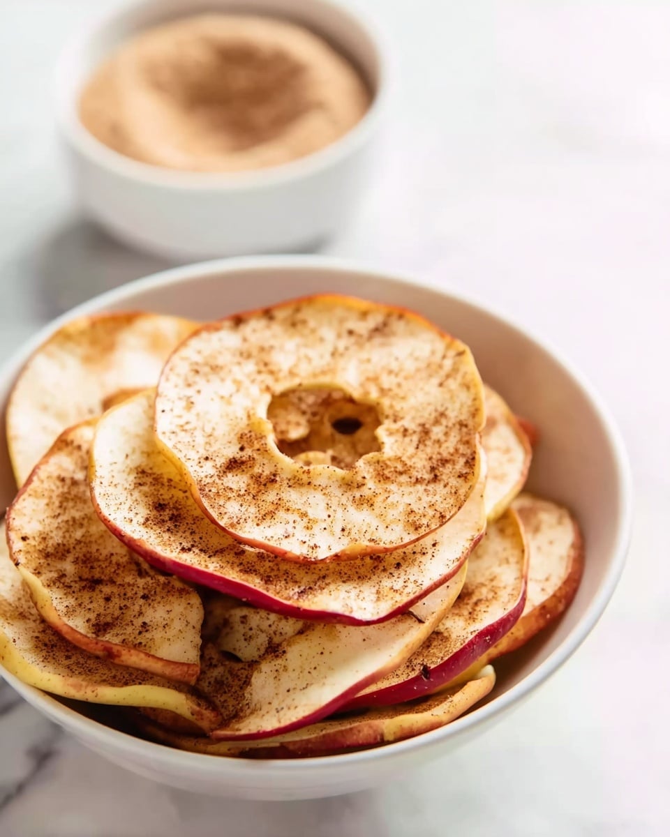 The image shows a wooden board filled with many crispy, round apple slices that have a light brown baked color with cinnamon sprinkled on top. The slices are thin and have a slightly curled edge. In the top part of the board, there is a small white bowl filled with extra cinnamon powder. The background is a smooth white marbled surface. photo taken with an iphone --ar 4:5 --v 7
