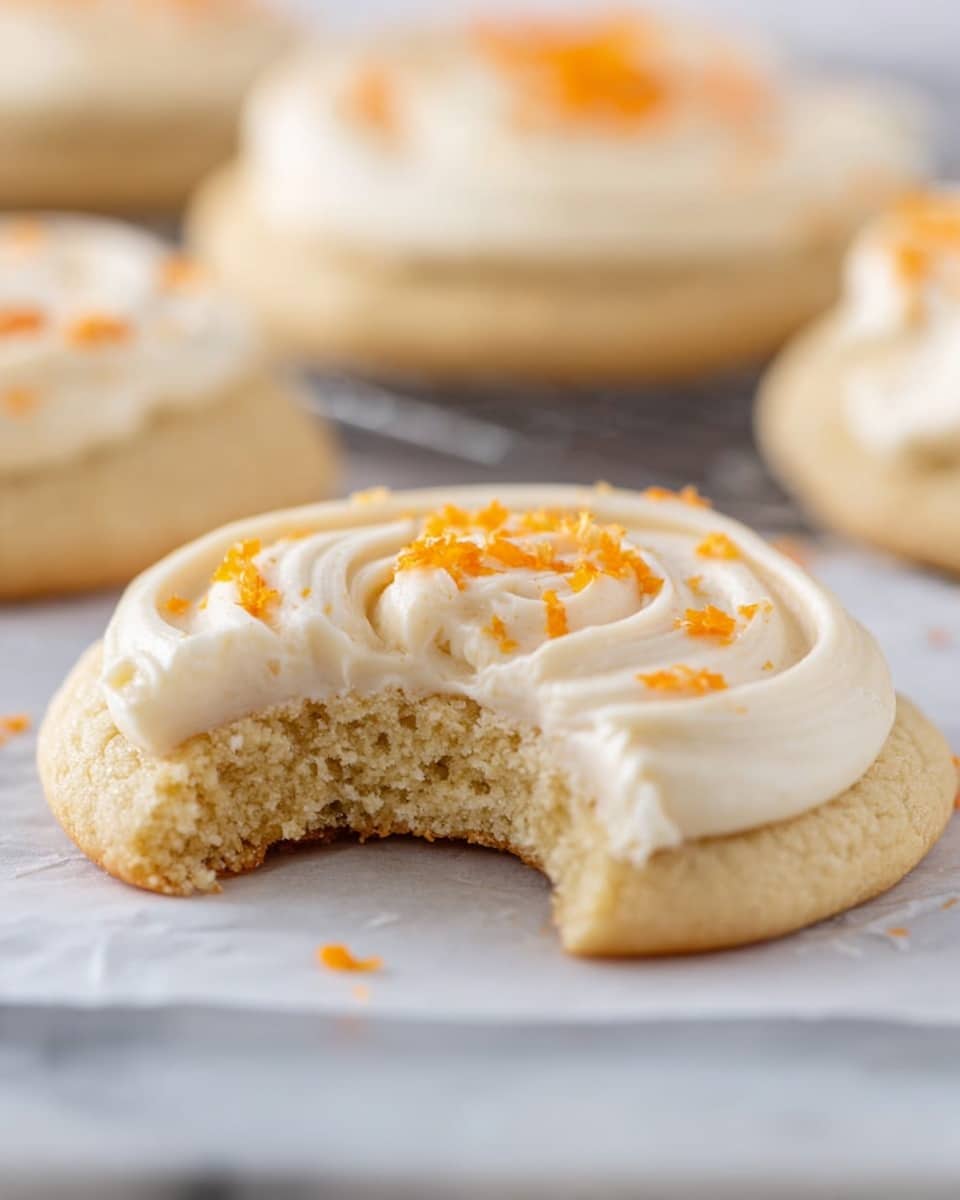 The image shows a single soft cookie with a small bite taken out from the front, revealing a light, crumbly inside. On top of the cookie is a thick layer of creamy white frosting with a smooth, swirled texture. Small bright orange flecks are sprinkled on the frosting, adding color contrast. The cookie rests on a white marbled surface with a piece of white parchment paper underneath it. In the blurred background, more cookies with similar frosting are visible. The photo taken with an iphone --ar 4:5 --v 7