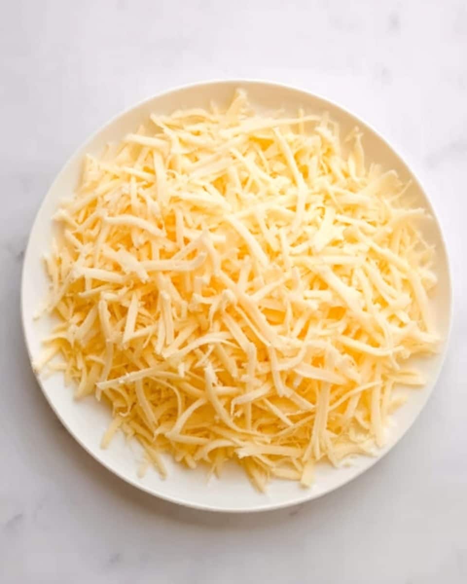 The image shows a white round plate filled with a single layer of finely shredded yellow cheese. The strands of cheese are thin, soft, and slightly curled, covering the whole surface of the plate evenly. The plate is placed on a white marbled surface that adds a clean and simple look to the presentation. photo taken with an iphone --ar 4:5 --v 7
