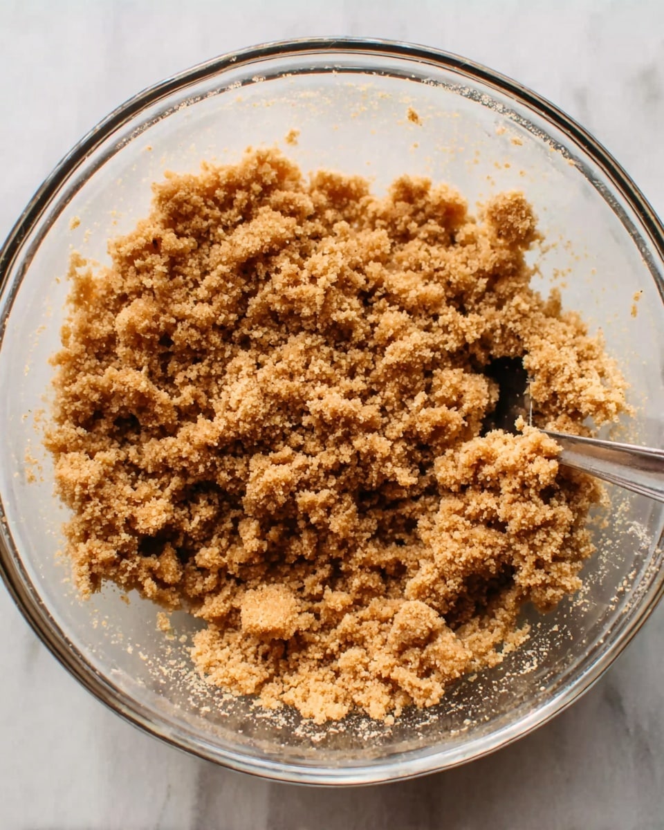 A clear glass bowl filled with a crumbly, light brown mixture that looks like small, coarse granules clumped together, with some larger chunks scattered throughout; a silver spoon is partially visible on the right side inside the bowl, which sits on a white marbled surface photo taken with an iphone --ar 4:5 --v 7