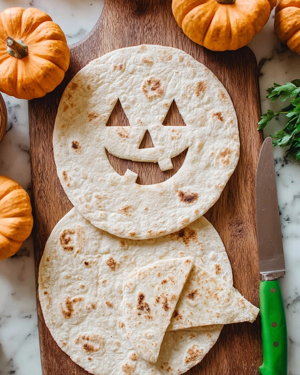 The image shows two round flatbreads stacked to form a snowman shape on a wooden surface, with the top flatbread having a carved jack-o'-lantern face including two triangle eyes, a triangle nose, and a wide smile with teeth. Two small triangular pieces of the flatbread lie to the right side near a green-handled knife. Around the flatbreads are small orange pumpkins and some green leafy herbs. The whole setup is on a white marbled surface. Photo taken with an iphone --ar 4:5 --v 7