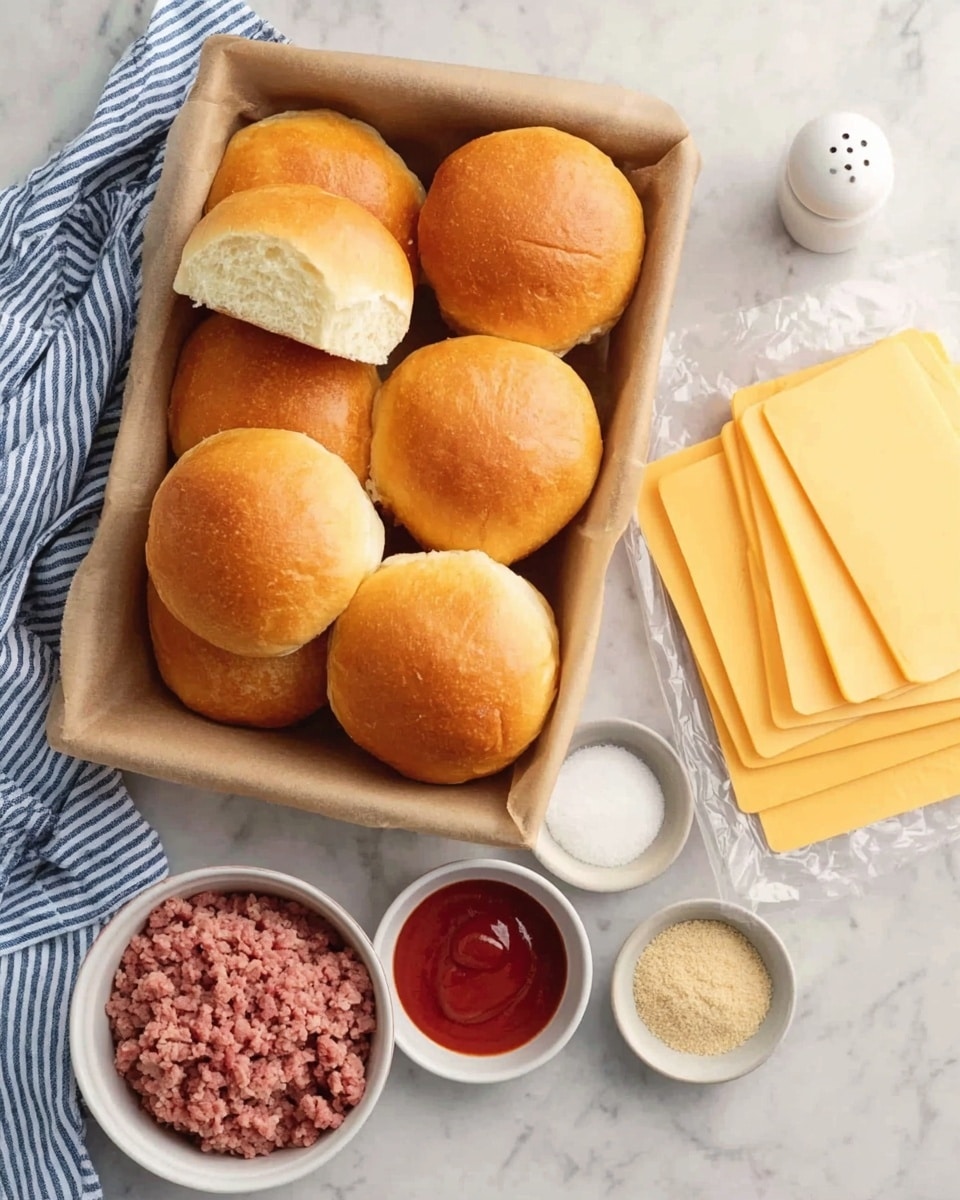 The image shows six golden brown burger buns lined up in a rectangular basket with a light brown cloth lining, one bun is open showing its soft, white inside. Below the basket on a white marbled surface, there is a white bowl filled with pink ground meat on the left, a small white bowl with red ketchup in the middle, and a small white bowl with light beige seasoning on the right. To the far right, there are six stacked yellow slices of cheese wrapped in clear plastic. In the upper right corner, there is a white salt shaker. A corner of a blue and white striped cloth is visible on the left side of the image. photo taken with an iphone --ar 4:5 --v 7