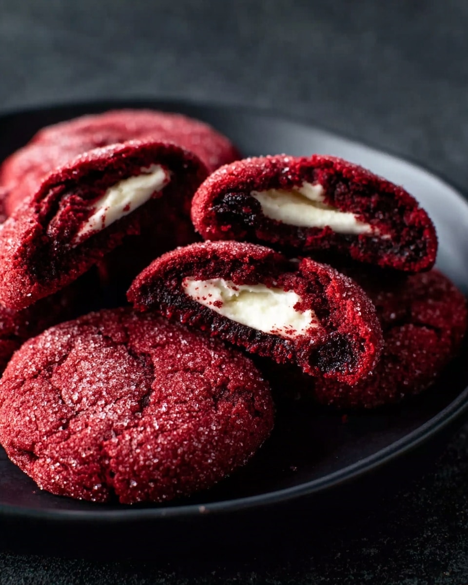 A round black plate holds five red velvet cookies with a soft, slightly cracked surface dusted with sugar. Two of the cookies are broken in half, revealing a creamy white filling in the center that contrasts with the dark red outer layer. The cookies sit on a dark textured surface, creating a strong contrast with their deep red color and creamy inside. photo taken with an iphone --ar 4:5 --v 7