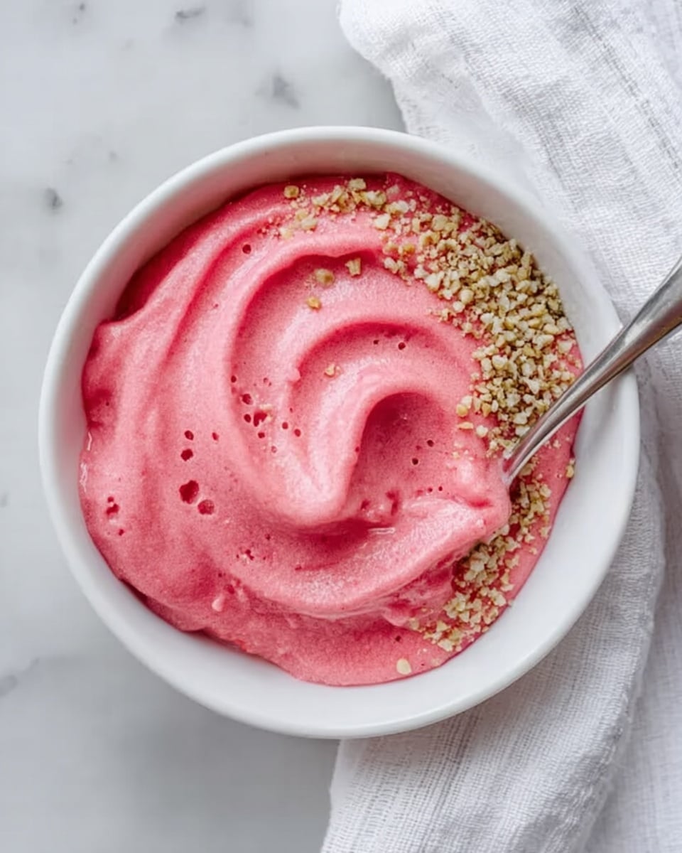 The image shows a white bowl filled with smooth, bright pink icy cream. The pink layer takes up most of the bowl and has soft swirls and small air bubbles on its surface. On one side, there is a sprinkling of small, light brown seeds that form a rough textured line along the edge of the icy cream. A small, silver spoon is placed on the bowl’s rim, resting partly on the pink icy cream. The bowl is set on a surface with a white marbled texture and a white cloth with light stripes lies nearby. The photo taken with an iphone --ar 4:5 --v 7