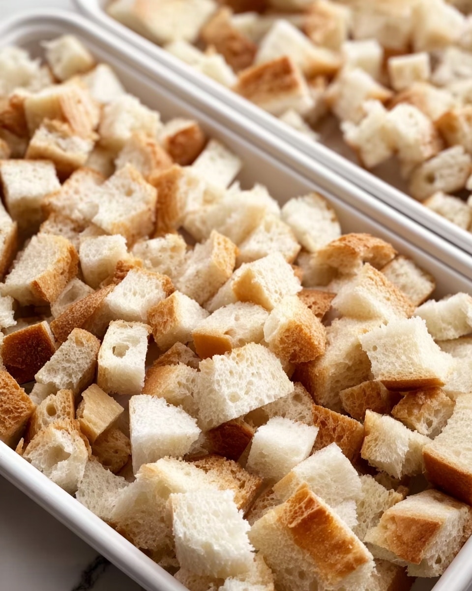 The image shows two white trays filled with small, uneven cubes of bread. The bread pieces vary in color from soft white to a light golden brown, showing a mix of crust and soft inner parts. The texture of the bread is airy and slightly rough, with some pieces appearing denser than others. The trays are closely placed on a white marbled surface. The focus is close-up, showing the details of the bread cubes in the front tray, while the back tray is slightly out of focus. photo taken with an iphone --ar 4:5 --v 7