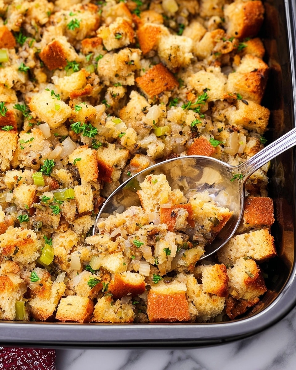 The image shows a close-up of stuffing with many pieces of toasted bread cubes that are golden brown and light beige in color. There are visible small bits of sautéed onions and mushrooms mixed through the bread, adding a soft, slightly translucent texture. Some green parsley leaves are scattered inside, giving a fresh look. A shiny silver serving spoon is scooping a portion of the stuffing from a deep black pan, displaying a mix of crunchy and soft textures with a warm, inviting color palette. The whole scene is set on a white marbled textured surface. photo taken with an iphone --ar 4:5 --v 7