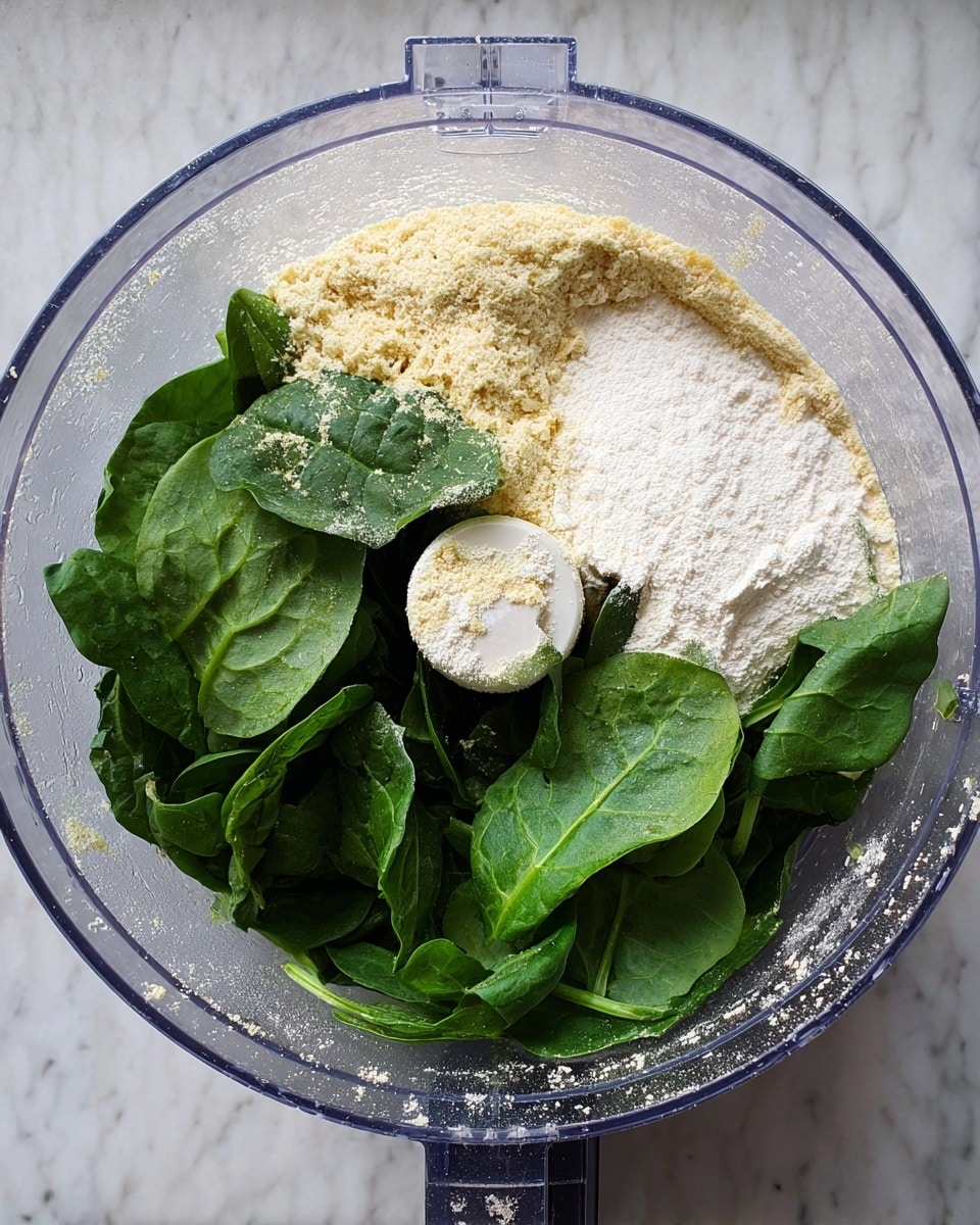 A clear plastic food processor bowl is shown from above, containing three distinct layers: a base layer of fine off-white powder, a second layer of yellowish powder forming a rough semicircle, and a top layer of fresh dark green spinach leaves placed mainly on one side, some leaves overlapping each other with visible texture and veins. The inside of the bowl edges have traces of the powders, and the background is a white marbled surface. Photo taken with an iphone --ar 4:5 --v 7