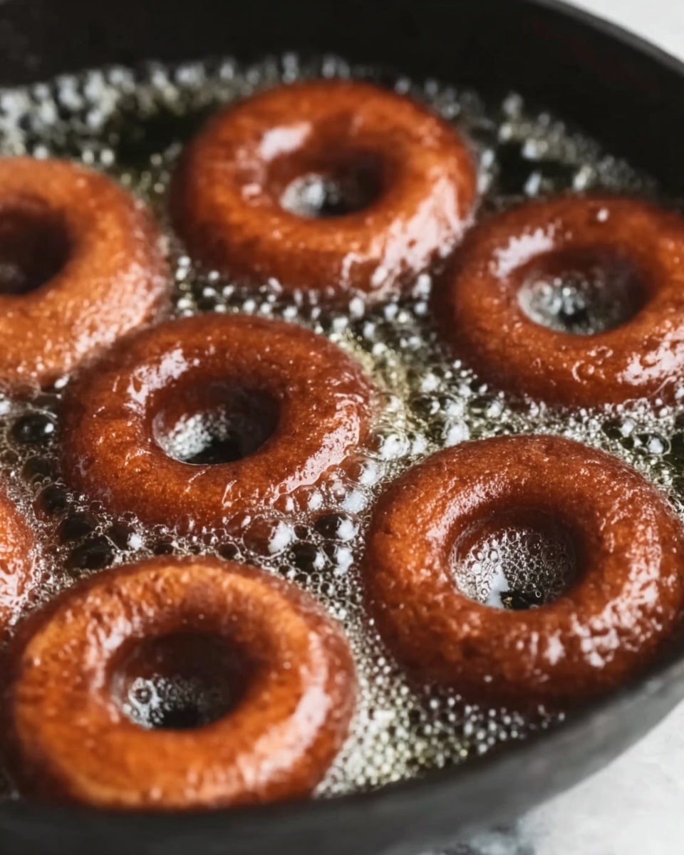 The image shows several dark brown donuts frying in hot bubbling oil inside a black pan. Each donut has a smooth shiny surface with small bubbles visible on the edges. The oil around the donuts is actively boiling, creating white foam on top. The donuts are evenly spaced and are still in a round shape with clear holes in the middle. The background is a white marbled texture. Photo taken with an iphone --ar 4:5 --v 7