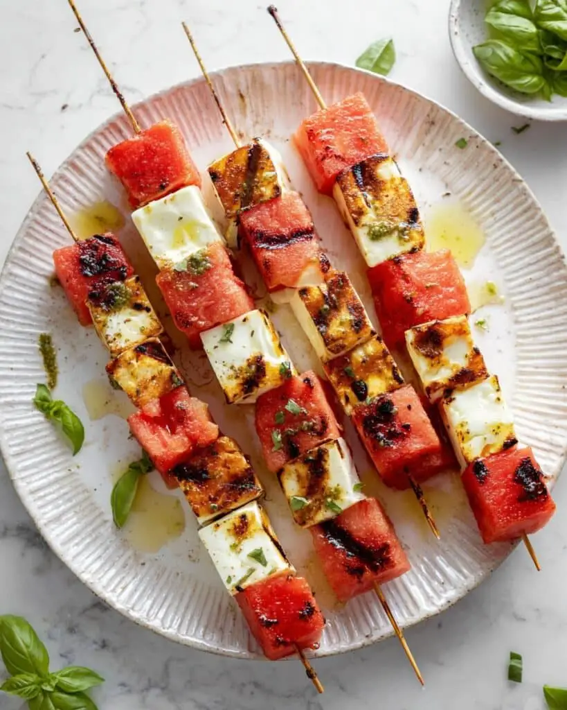 Watermelon Halloumi Skewers with Mint Basil Oil Recipe