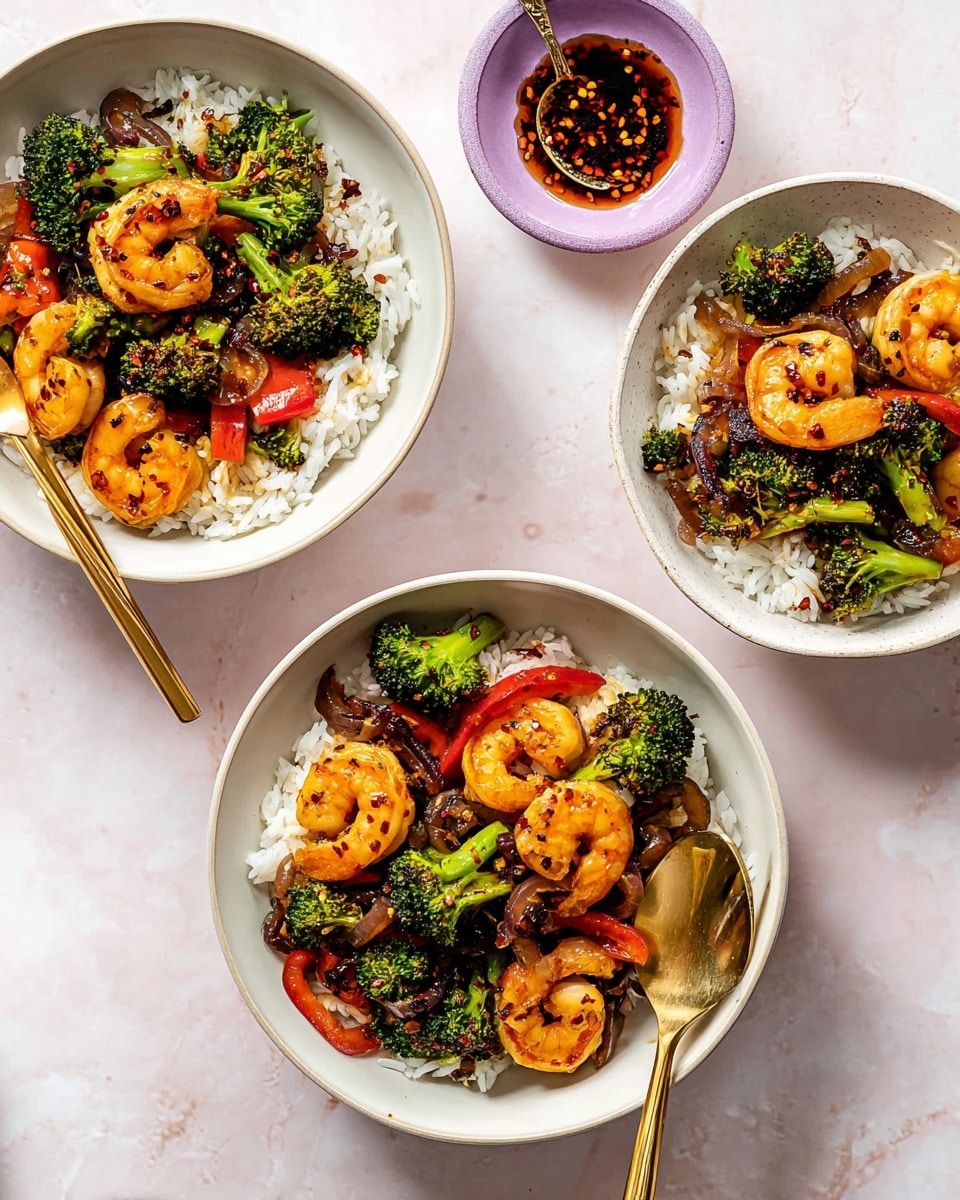 The image shows three white bowls filled with a shrimp stir-fry on top of white rice. Each bowl contains bright orange shrimp, green broccoli florets, red bell pepper slices, and dark brown onion rings mixed together. The shrimp and vegetables are coated with small bits of black chili flakes and sauce. There is a small lavender bowl with dark red chili oil and a gold spoon above the bowls. The bowls and chili oil bowl are placed on a white marbled surface. Each bowl has a gold fork beside or inside it. photo taken with an iphone --ar 4:5 --v 7