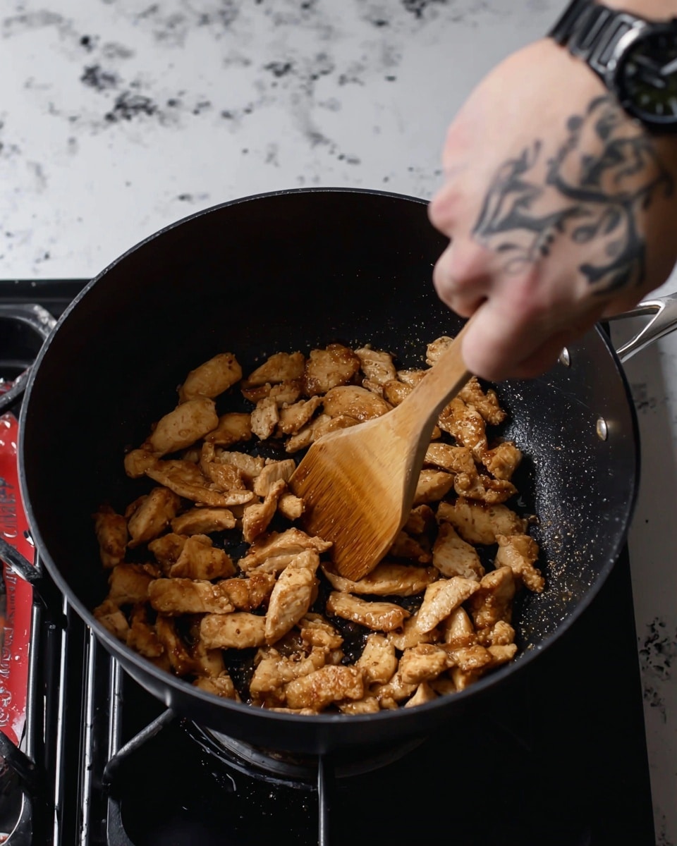 The image shows a close-up of light brown cooked chicken strips being stirred in a black pot with a woman's hand holding a wooden spatula. The chicken pieces have a slightly crispy texture and are evenly spread across the pot's bottom. The pot is sitting on a stove burner, and a tattooed arm wearing a black watch is visible on the right side. The background has a white marbled texture. photo taken with an iphone --ar 4:5 --v 7