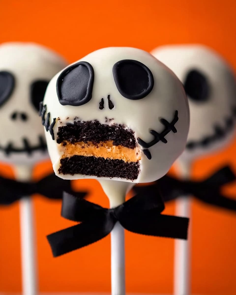The image shows a close-up of a cake pop shaped like a spooky skull. The outer layer is smooth white chocolate with black icing details forming hollow eyes, nose, and a stitched mouth. Inside, there are three visible layers: a dark chocolate cake layer on top and bottom, and a middle layer of bright orange filling with a soft texture. The cake pop is on a white stick tied with a black ribbon bow near the base. The background is a clean orange with two other similar skull cake pops slightly out of focus. Photo taken with an iphone --ar 4:5 --v 7