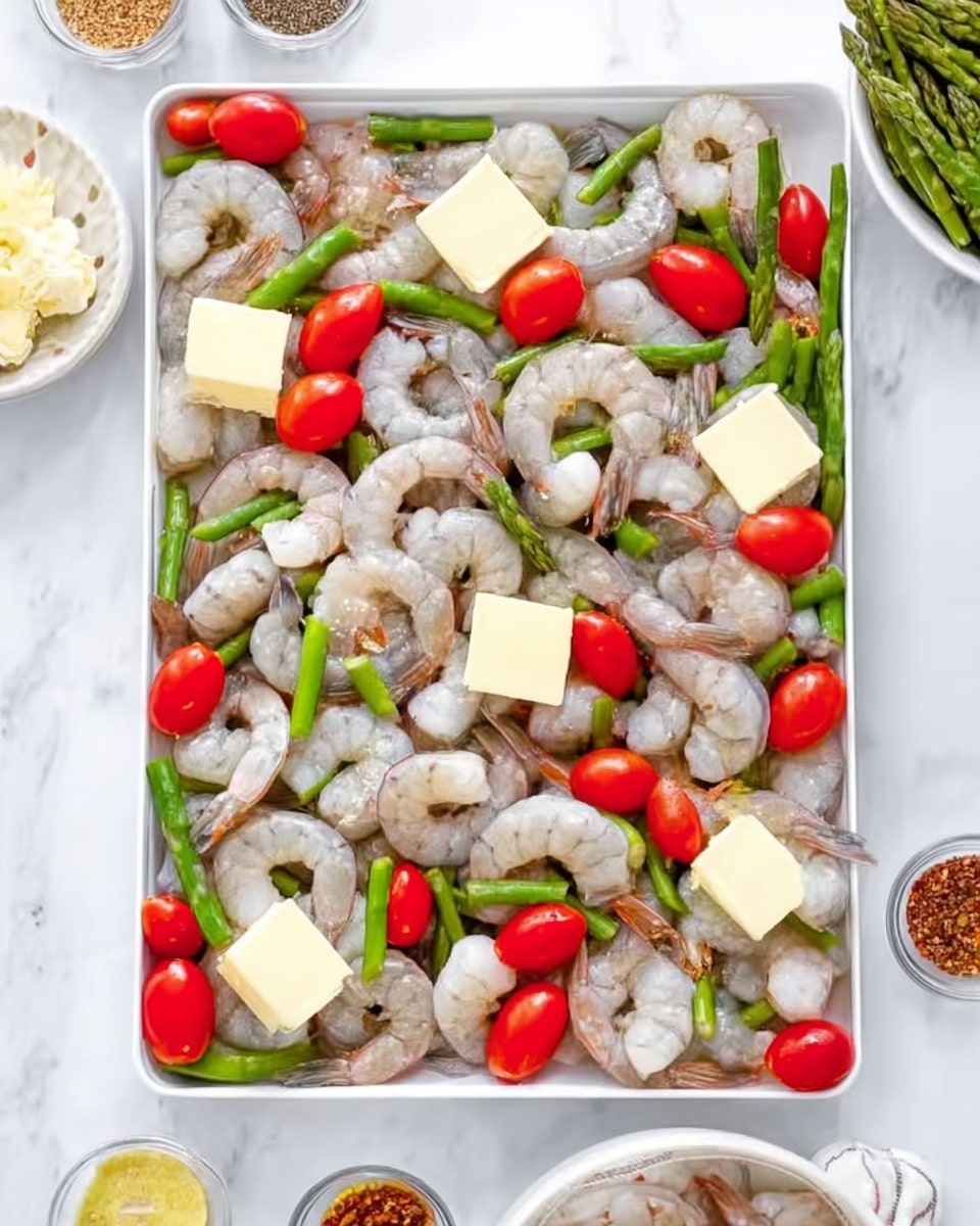 A white rectangular tray filled with uncooked shrimp laid out in a circular pattern around the tray. The shrimp are grayish with a slightly translucent texture and are scattered evenly among bright green asparagus pieces cut into small sections and whole red cherry tomatoes. Small square pats of pale yellow butter are spaced evenly over the shrimp and vegetables. The tray is set on a white marbled surface with a few small dishes containing spices and extra ingredients visible around it. Photo taken with an iphone --ar 4:5 --v 7
