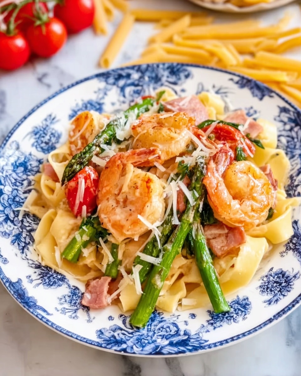 A white plate with blue floral patterns holds a dish made of flat pasta noodles forming the base layer, pale yellow and smooth. On top, there are large golden shrimp with a slight shine, layered with bright green asparagus spears arranged on one side. Scattered red cherry tomato halves add pops of color, along with small pieces of pink ham. The whole dish is finished with thin white shredded cheese sprinkled evenly, adding texture. The background is a white marbled surface with some uncooked pasta and cherry tomatoes nearby. Photo taken with an iphone --ar 4:5 --v 7
